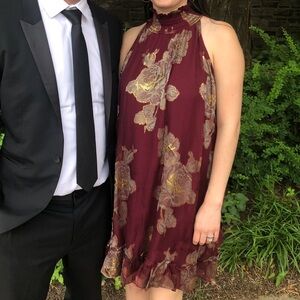 Gold and maroon floral Anthropologie dress